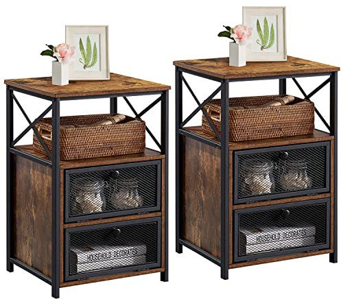 VECELO Mesa auxiliar con cajón abatible y lateral de diseño en X, estilo moderno y mesita de noche de estudio para dormitorio, oficina, fácil montaje, juego de 2, color marrón claro