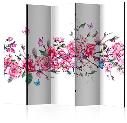 decomonkey Paravent Raumteiler Innen Blumen 225x172 cm 5 Teilig Beidseitig Room Divider Wall Raumteiler Stehend Trennwand Sichtschutz Spanische Wand Sichtschutzwand Wohnzimmer Holz Pflanzen Falter