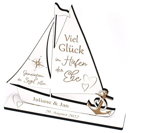 Dekolando Geldgeschenk Hochzeit Schiff - Viel Glück im Hafen der Ehe - personalisiert Hochzeitsgeschenk Geschenk
