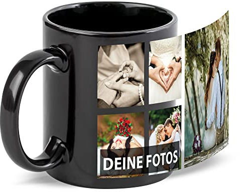 Schwarze Tasse zum selbst gestalten mit Foto-Collage für 5 Wunschfotos - Geschenk für Freunde zum Geburtstag, Weihnachten - Keramik, 300 ml | Personalisiertes Geschenk