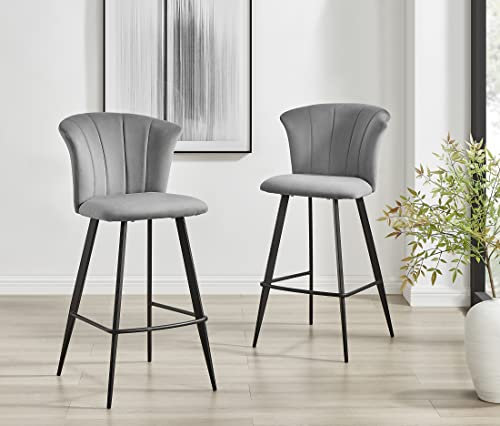 Furniturebox UK Juniper Bar Stools - Set of 2 Grey Velvet Upholstered Breakfast Counter Stools with Black Metal Legs - Modern & Luxurious Kitchen Dining Room Seating