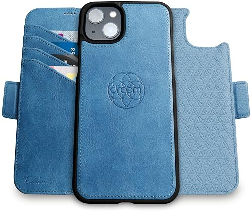 dreem Vegan Leather Magnetic Detachable Wallet Case for iPhone 15 Plus | Revolutionary Vert/Hor Phone Stand, RFID Blocking Card Holder Flip Cover, MagSafe-Fit, Gift Box [Fibonacci: Slate]
