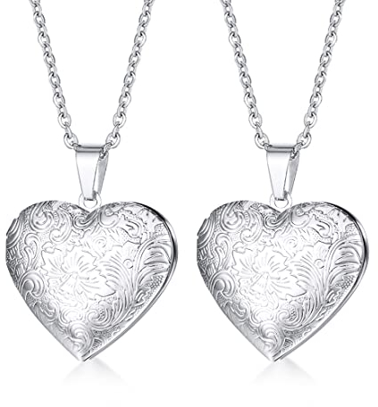 Weenkeey 2 Stück Herz Medaillon Halskette Öffnen Photo Bilder Herzanhänger Halskette Edelstahl Herzanhänger Amulett Speicher Anhänger Halskette für Frauen Mädchen - Blumen Muster Stil 2
