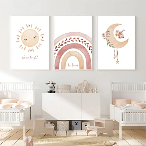 Sarah Duke Poster Kinderzimmer Boho, 3er Set Sonne Regenbogen Mond Babyzimmer Deko Bilder, Warm Wanddeko Kinderposter, Ohne Rahmen Wandbilder Leinwand (40 x 50 cm)