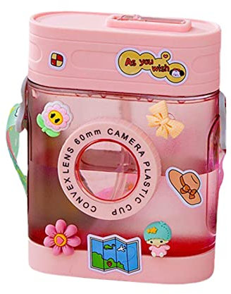 Cymwer Borraccia da 450 ml con cannuccia, bollitore sportivo con cannuccia e cinghia, a forma di macchina fotografica, a prova di perdite, per bambini, per casa, ufficio, scuola, asilo, sport, picnic