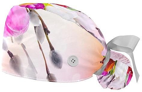 FVQL 2er-Set Scrub Cap Krankenschwestermütze für langes Haar, Blumentulpen und Wasser