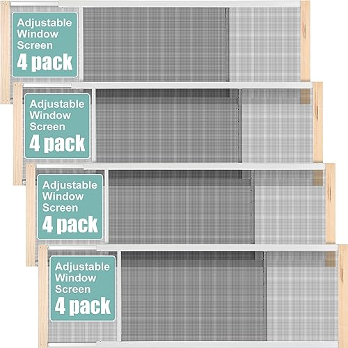Hicarer 4 Pcs Expandable Window Screen Adjustable Sliding Window Screen Mesh with Zinc Plated Rails and Varnished Wood Ends Replacement Window Screens for Home(10 Inches High x 25-45 Inches Wide)