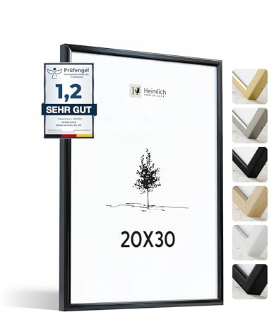 Heimlich® - Bilderrahmen - 20x30 cm, Aluminium-Metall, Schwarz - Kleiner Rahmen für Urkunden und Zertifikate mit Folienabdeckung - Zur Wandmontage oder Tischmontage
