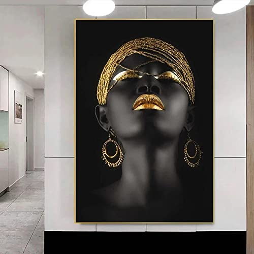 FSLEOVN Schwarz Gold Bilder Afrikanische Frauen Bild Auf Leinwand mit Goldene Lippen Bilder Schwarz Afrika Frau Poster Groß Wohnzimmer Wandbild No Framed (Schwarz Gold,60x120cm)
