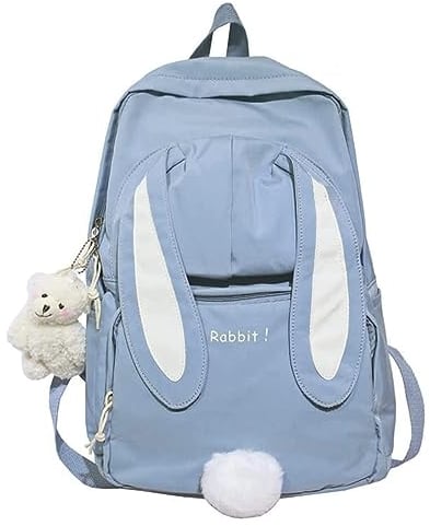 JTBDWOSK Hasen-Rucksack, Niedliche Rucksäcke, Kawaii-Hasen-Ohr-Rucksack mit Bären-Anhänger für Mädchen, Blau, 29 × 12 × 40 cm