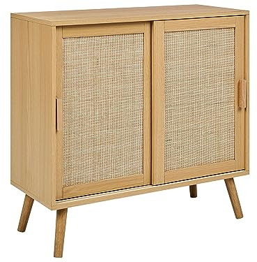 Beliani Sideboard Spanholz Brett Rattan Geflecht 2 Tür mit Regalen Schlafzimmer Aufbewahrungslösung helles Holz Hodgen
