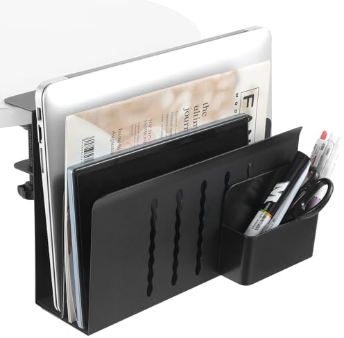 Schreibtisch Seitenaufbewahrung, Unter Schreibtisch Aufbewahrung, Hängender Schreibtisch Organizer aus Stahl, Kein Bohren Kabelkanal Kabelhalter mit Stifthalter, Laptop Halterung für Büro (schwarz)