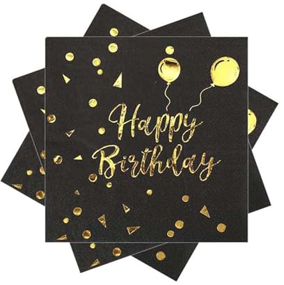 40 Stück Happy Birthday Schwarz und Gold Geburtstag Servietten,33x33cm Papier Party Servietten,für Junge Mädchen Geburtstag Party Deko