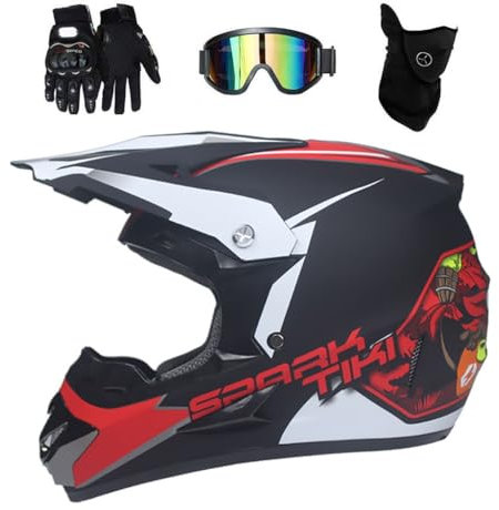 Intégral Casque Motocross Ensemble, avec Lunettes Gants Masque, Jeunesse Enfant Hors Route Moto Karting Scooter Casque, Descente MTB VTT BMX Enduro Quad Vélo de Saleté Accident Casque ( Color : Red ,