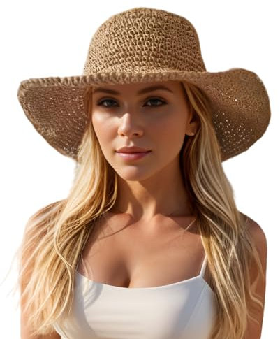Floppy - Sombreros de paja de playa grandes para mujer, plegable, de ala ancha, plegable, de gran tamaño, sombrero de paja de viaje para mujer, Caqui-4, 7 1/8-7 1/4