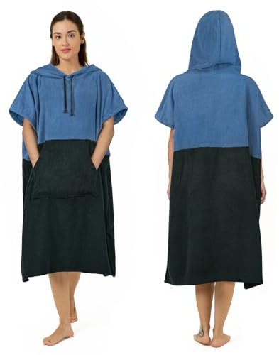 Zingtto Surf Poncho Wickelmantel, extra groß, dick, Handtuch-Poncho für Damen und Herren, mit Kapuzentasche für Strand, Schwimmen, 104,1 x 83,8 cm, Schwarz / Blau