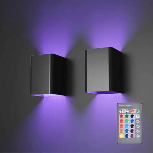 UNISOPH Lot de 2 appliques murales noires à intensité variable, appliques murales LED d'intérieur 5 W avec télécommande, appliques murales à changement de couleur RVB haut et bas, lumière d'ambiance