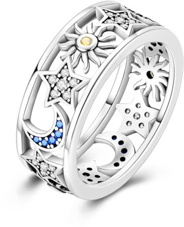 Eternity-Ringe aus 925er Sterlingsilber für Damen & | Hohles Design mit Zirkonia, Sonne, Mond, Stern-Motiv | 8 mm breit, hypoallergen, minimalistisch und leicht