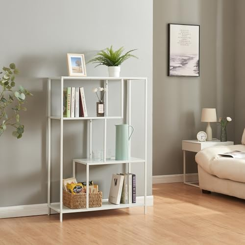 [en.casa] Bücherregal Reisjärvi Metallregal Weiß matt Standregal mit 4 offenen Fächern Wohnzimmer 115 x 75 x 35 cm