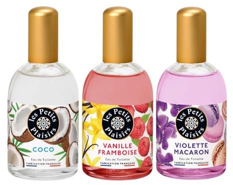 Les Petits Plaisirs - Lot de 3 - Eau de toilette Vanille Framboise, Violette Macaron & Coco. Eau de toilette femme, Gourmandes & Envoutantes. Coffret cadeau. Made in France. 110ml