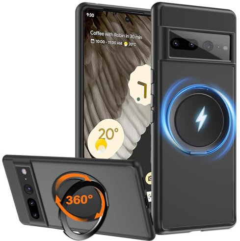 HikerClub für Pixel 7 Pro (2022) Magnetische Hülle mit Ständer, 360 Drehbarer Ringständer [Magie Stressabbau Soundeffekt Handyhalter] Militärische Klasse Stoßfeste Handyhülle, Schwarz