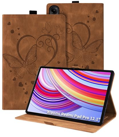 Auslbin Hülle für Xiaomi Redmi Pad Pro 12.1 2024, Schutzhülle PU-Leder mit Schmetter Lingsprägung, Mit magnetischer Saugschnalle und Stifthalter für Xiaomi Poco Pad Flip Tasche, Braun