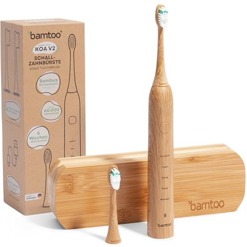 bamtoo® Elektrische Schallzahnbürste KOA V2, inkl. Reiseetui | Nachhaltige Zahnbürste für erstklassige Reinigung | Inkl. 2 Bambus Bürstenköpfe | 8 Wochen Akkulaufzeit