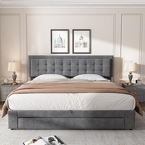 Merax Velvet Upholstered Bed, King Size Bed with Large Storage Space-6ft(180 * 200cm) with Slatted Frame and Headboard - Double Bed with Wooden Slatted Support Without Matress, Grey