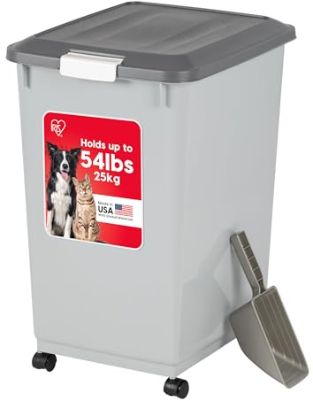 IRIS USA Dog Food Storage Container with Wheels, Airtight Lid, 2-Cup Scoop, Up to 54 Pounds Pet Food Storage, Built in Scoop Storage in Lid, Versatile Pet Food Bin, Portable, BPA Free, Gray/Dark Gray