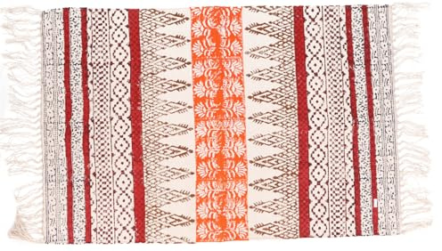 Handgewebter Blockdruck Teppich, indischer Baumwollteppich, rot/orange