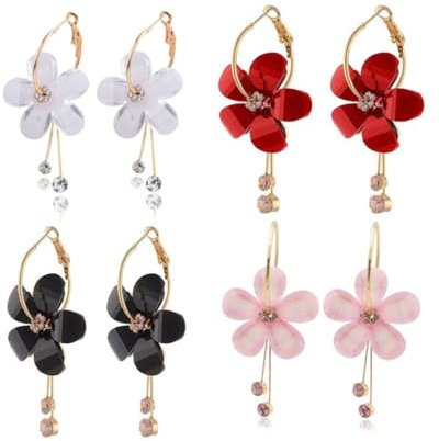 QLEUIFT 4 Paia Orecchini Vintage di Fiori Orecchini di Cristallo Acrilico Fiore Smalto Orecchini Pendenti Fiore Acrilico Orecchini A Cerchio per Donne E Ragazze, Rosso, Bianco, Nero, Rosa
