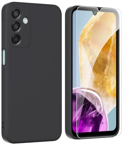 ARRYNN Funda Samsung Galaxy M15 / F15 5G (6.6) con Cristal Templado Protector de Pantalla,Negro Ultra Slim Protectora Funda de Silicona Líquida Suave Case Cover - Negro