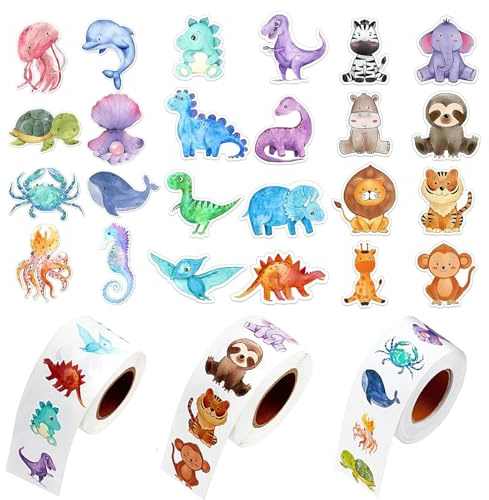 1500 Stück Sticker Kinder Dinosaurier Tiermuster, Süße Dino Sticker Tiere | 24 Muster Belohnungssticker, Selbstklebend Aufkleber Tiere für Scrapbooks Tassen Computern Handyhüllen Hefte Fenster