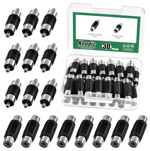 Keadic 15Pcs RCA Female to RCA Female Coupler and15Pcs RCA Male to RCA Male Coupler,Compatible with Phono,Speaker,RCA Cable, Audio RCA Plug for Amplifier, Subwoofer, Mixer (Black)