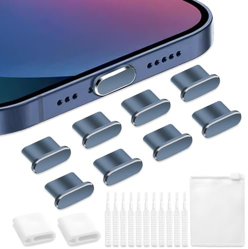 VEINARDYL 8 pcs Dust Plug for iPhone, USB C Charging Port Protector Cap, Headphone Jack Dust Plug Charger Cover compatible with iPhone 15/16 Plus Pro Max iPad 10th/ Air-greyish blue