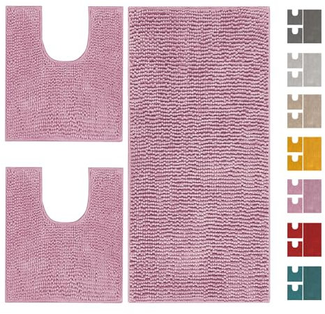 Home Tresor - Set Tappeti Bagno 3 Pezzi per Wc e Bidet, Parure Completo Microfibra Morbido Antiscivolo Assorbente Giro Water Shaggy - Rosa