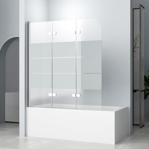 Duschwand für Badewanne 140x140cm, 3-teilig faltbare Gestreift Glas Duschwand, 6mm EGS Sicherheitsstreifen Badewanne Bildschirm, duschkabine Zubehör