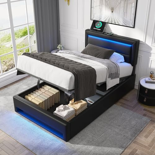 Merax Einzelbett Polsterbett 90 x 190 cm mit USB-Anschluss, LED-Beleuchtung und Stauraum – PU-Litschi-Muster, Schwarz, ohne Matratze