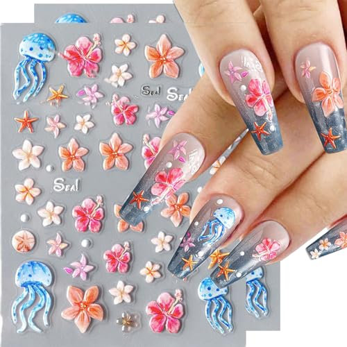 CharmBurst 2-Piece Floral Summer Nail Stickers with Starfish and Pearls, Self-Adhesive Nail Decals, Nail Design Accessories for Gel Nails, Trendy Nail Decor