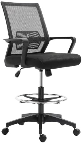 Vinsetto Bürostuhl mit Verstellbarem Fußring Lendenwirbelstütze Schwarz | Ergonomischer Schreibtischstuhl, Höhenverstellbarer Drehstuhl mit Netzbespannung, Zeichenstuhl mit Wippfunktion