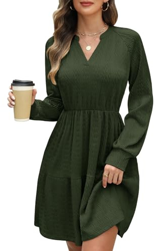 CMTOP Strickkleid Damen Herbst Elegant Kleider Langarm V-Ausschnitt Pulloverkleid Herbstkleid Gestrickt Freizeitkleider Elastische Hohe Taille Tunika A Linien Kleid mit Taschen