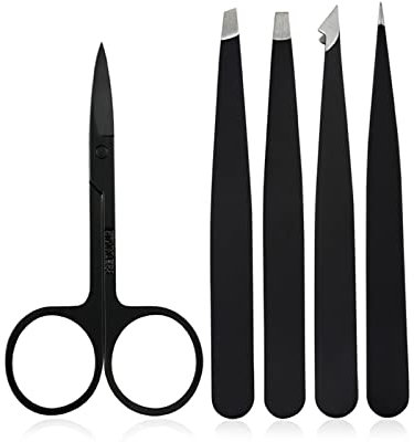 Lot de 5 pinces à épiler et ciseaux avec étui en cuir - Idéal pour épilation des sourcils incarnés