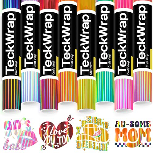 TECKWRAP Permanent Vinyl Bundle 12''x3ft/Roll Holographic Adhesive Vinyl Pack 8 Rainbow Colour Permanent Vinyl for Mug, Cup, Window & Home Deco,and Other DIY Projects