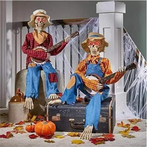 Halloween-Dekorationen, 40 cm, Banjo-Spiel-Skelett-Ornamente, lustig, gruselig, Skelett-Gitarristen, leuchtende Skelett-Statuen, Innen- und Außendekorationen, Foto-Requisiten, 2 Stück (B-mit Licht)