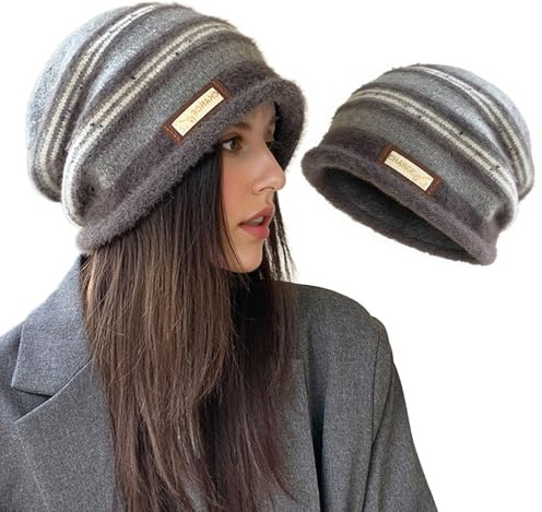 FYting Mütze Damen,Damenmützen,Hüte, Mützen Caps für Damen,Hut Winter Schwarz,Weicher und Bequemer Warmer Gestrickter Hut, Modische Lockige Kanten, für Den Winter, Weihnachten (Grau Weiß)
