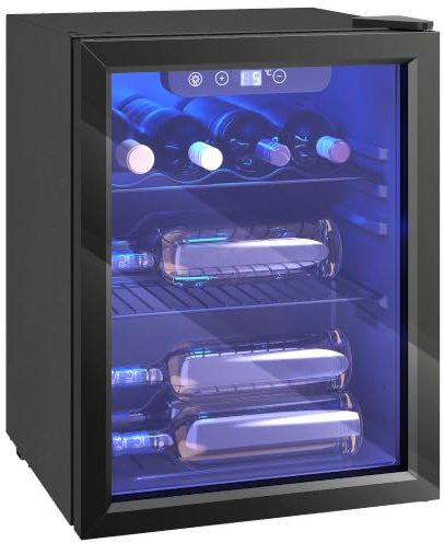 HOMCOM Cave à Vin 16 Bouteilles 48L, Température Réglable 4-16 °C, Noir | Réfrigérateur à Vin et Boissons, Porte Réversible en Verre Trempé Double, Éclairage LED, Étagère Amovible