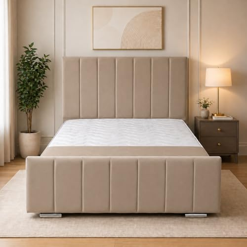 Kensington Upholstered Bed Frame – Luxury Plush Velvet Platform Bed Frame with 48 Inch Headboard – Modern Strong Durable Wooden Bed Frame for Bedroom- (Biege, Super King)
