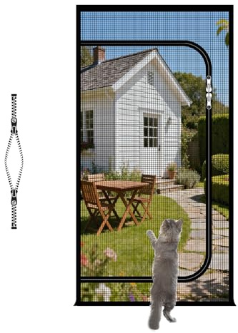 akgao Tenda Zanzariera per Animali Domestici con Cerniera 140x220cm Nero | PP Rete Rinforzata a Prova Gatto, Install con Ganci Anelli, Zanzariera Porta Resistente Graffi di Cani Gatti per Balcone