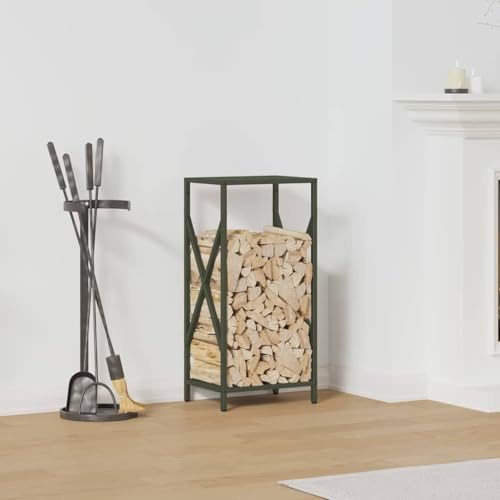 Kaloriko Brennholzregal aus kaltgewalztem Stahl olivgrün 34x25x70 cm robustes Holzregal für Kaminholz und Brennholz mit großer Ablage für Wohnzimmer, Garten, Terrasse, Balkon, Innen und Außen