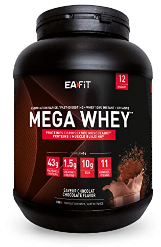EAFIT- Mega Whey- construction musculaire pour la musculation- 43g de protéines de Whey+10g de BCAA+1,5g de créatine par shaker- Assimilation Rapide- Chocolat- 750g- Creatine monohydrate